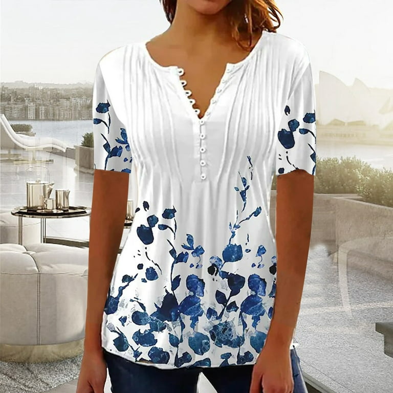 Sksloeg Womens Blouse Plus Size Button Down Shirts for Women Floral Print  Summer Tops Dressy Casual Bell Tunic Short Sleeve Henley Spring