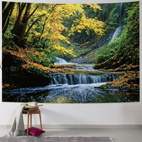 BCIIG Nature Tapestry, Small Waterfall Brandywine Creek National Park Ohio Autumn Fallen Leaves, Fabric Wall Hanging Decor for Bedroom Living Room Dorm 40x30inch