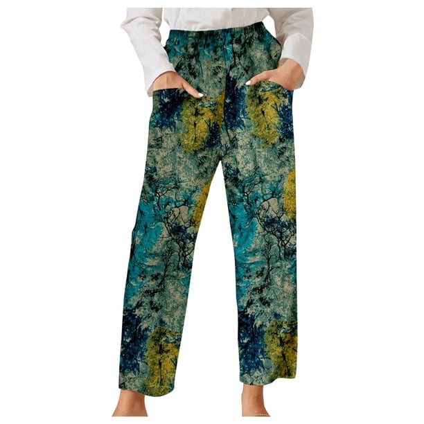 Pantalones de Pierna Ancha Retro de Algodón Y Lino Sueltos Casuales Con Estampado de Mujer de Moda Odeerbi ODB-6
