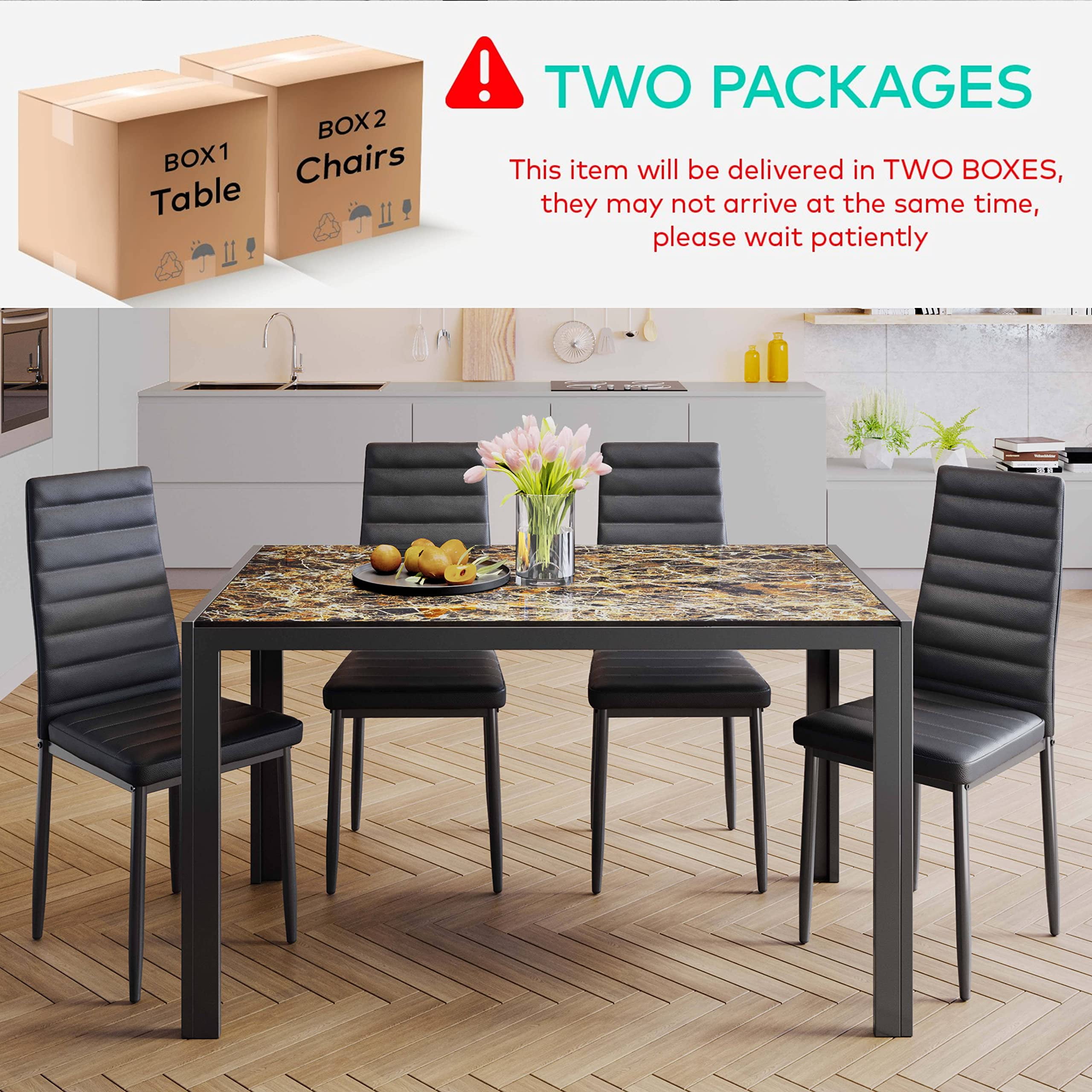 Lofka Tempered Glass Dining Table Set for 4, Kitchen Table with 4 Back Support Chairs for Meals, Marble