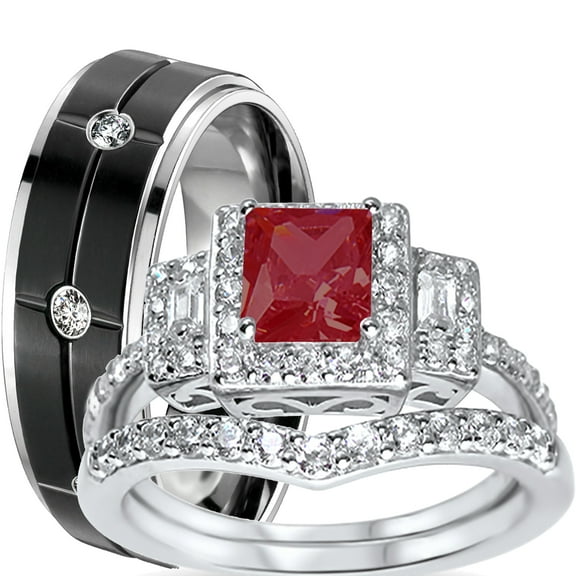 LaRaso & Co His Her Wedding Ring Set Red Black Couples Rings for Women Men Size 10 10