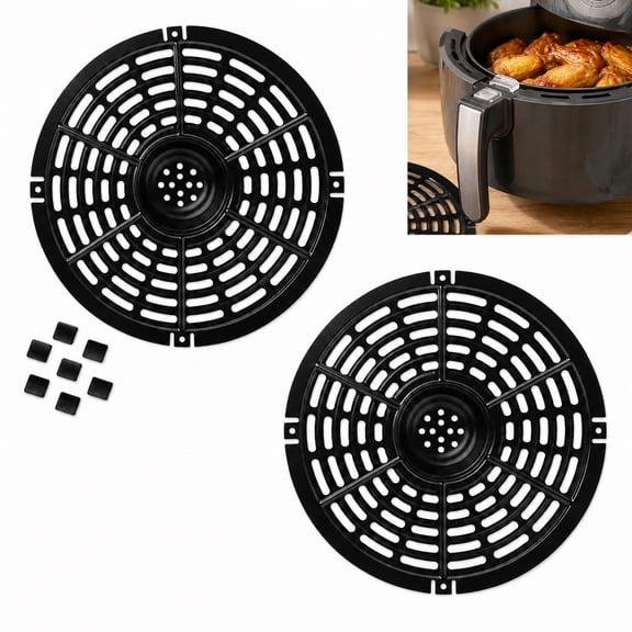 Plumilo 8.27-inch 2-piece air fryer tray replacement set, round air fryer tray with non-stick silicone coating, air fryer accessory baking tray, black.