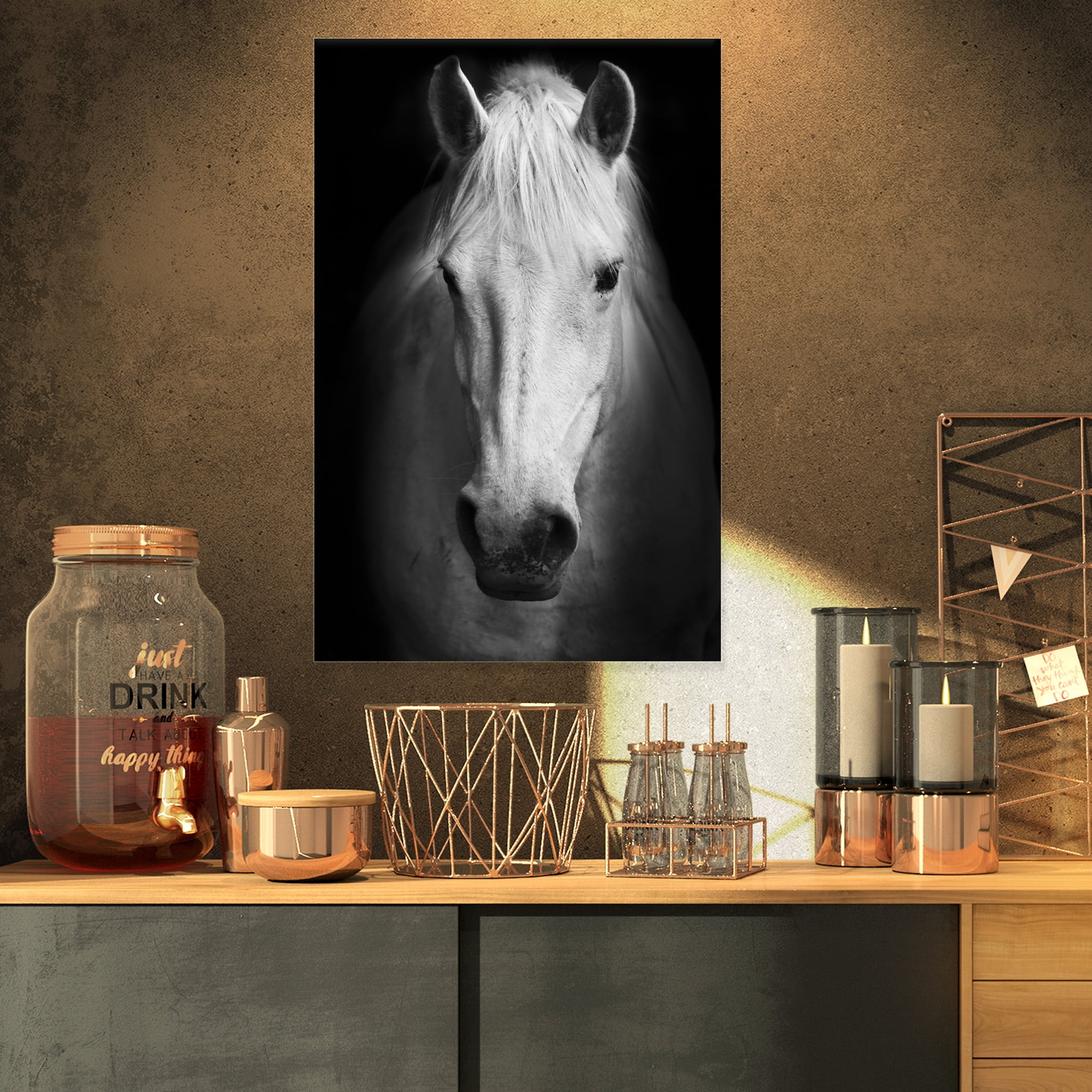 Designart 'White Horse Black and White ' Animal Canvas Art Print