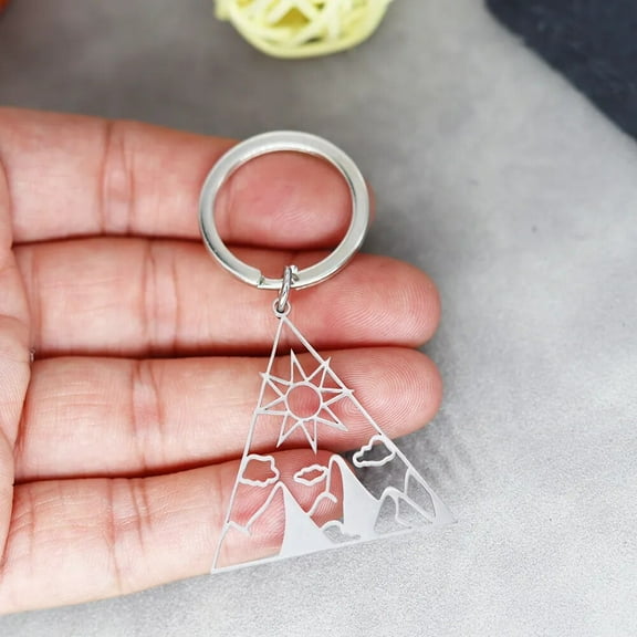 Sun Mountain Cloud Keychain Camping Outdoor Travel Key Chain Holder Stainless Steel Geometric Triangle Keyrings Gifts