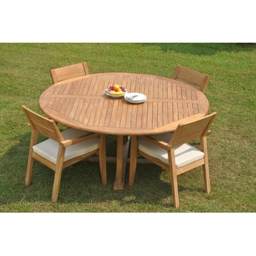 Grade-A Teak Dining Set: 4 Seater 5 Pc: 72" Round Table And 4 Vellore Stacking Arm Chairs Outdoor Patio WholesaleTeak #WMDSWVm