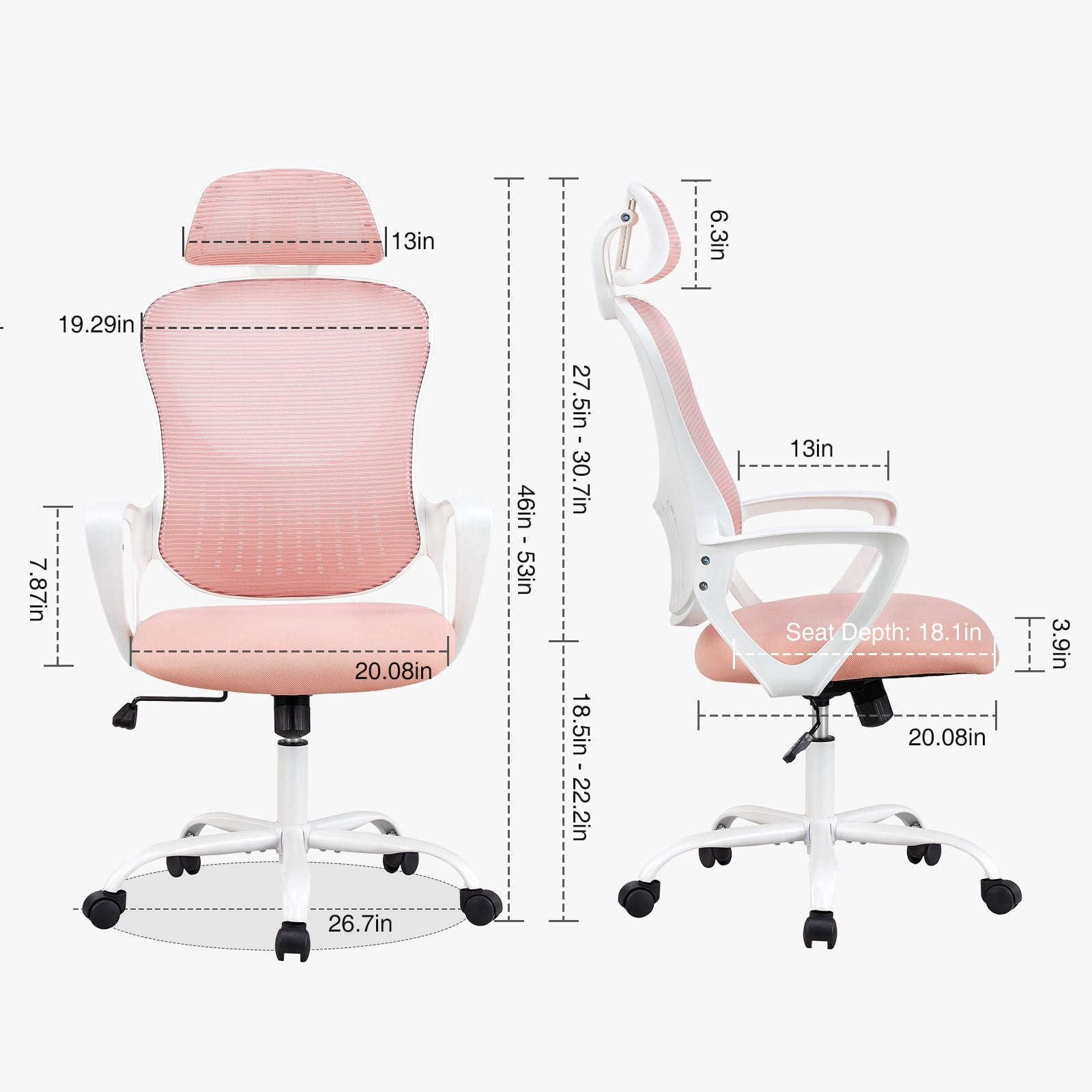 CONCETTA Ergonomic Office Chair, High Back Mesh Computer Swivel Chair with Adjustable Headrest, Pink