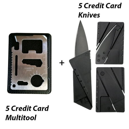 Five Credit Card Folding Safety Knife, Five 11 in 1 Credit Card Sized Survival Multi Tool Kit With Case - Multifunction Stainless Steel Emergency Pocket Tools for Camp, Sports, Hunting,