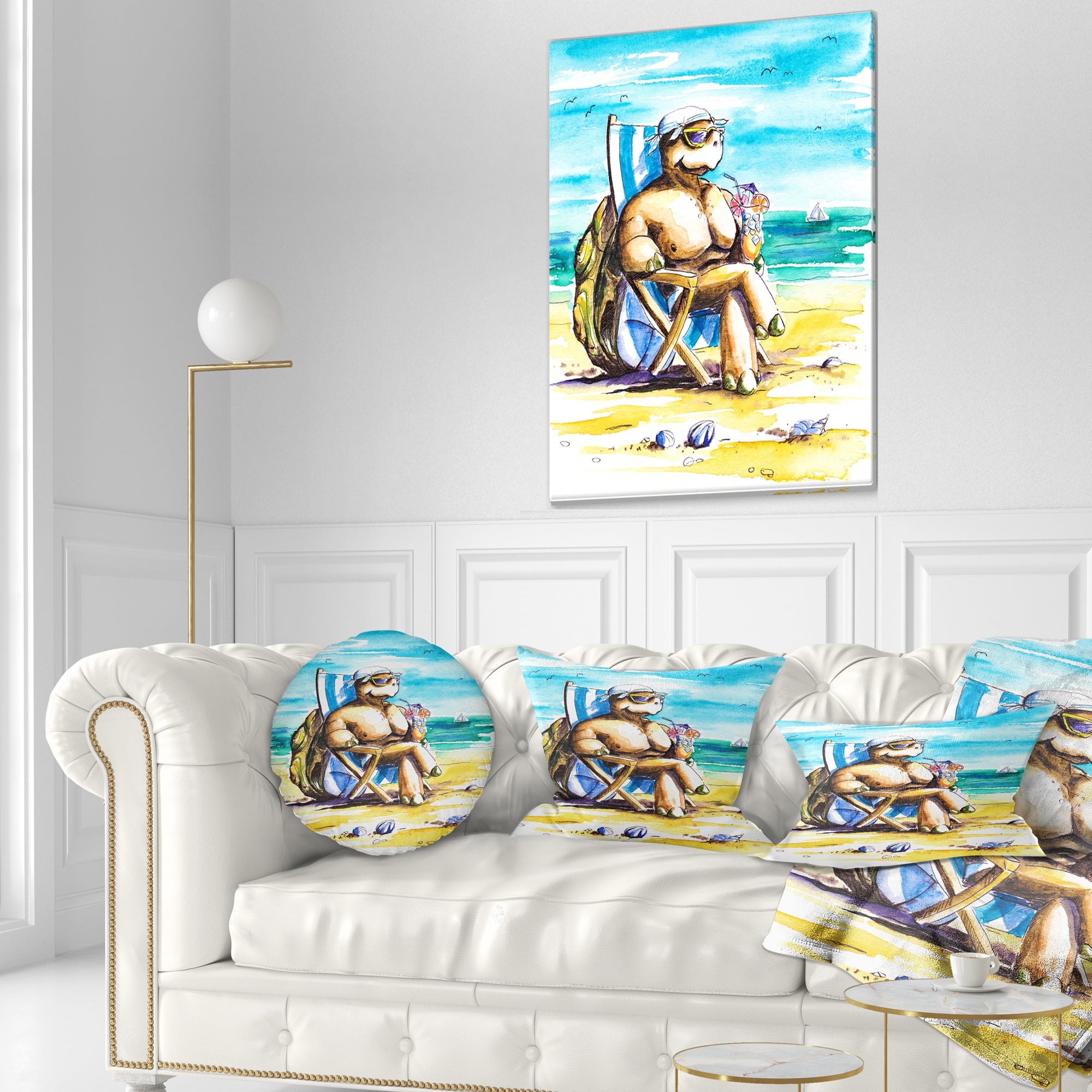 Designart Turtle Enjoying Holidays on Beach - Seashore Throw Pillow - 12x20