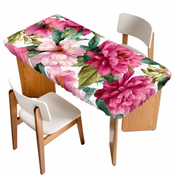 Pink Floral Table Cloths for 5 Foot Rectangle Tables, Watercolor Flowers Leaves Plants Watercolor Patio Waterproof Elastic Fitted Tablecloths, Washable Rectangular Table Cover for Camping