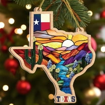 Texas Stained-Glass Look Ornament, Layered Wood & Acrylic State Shape with Flag, Bluebonnets & Cactus, Texas Christmas Ornament for Tree, Ready-to-Gift Souvenir undefined