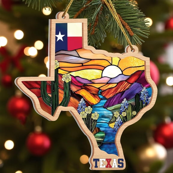 Texas Stained-Glass Look Ornament, Layered Wood & Acrylic State Shape with Flag, Bluebonnets & Cactus, Texas Christmas Ornament for Tree, Ready-to-Gift Souvenir undefined