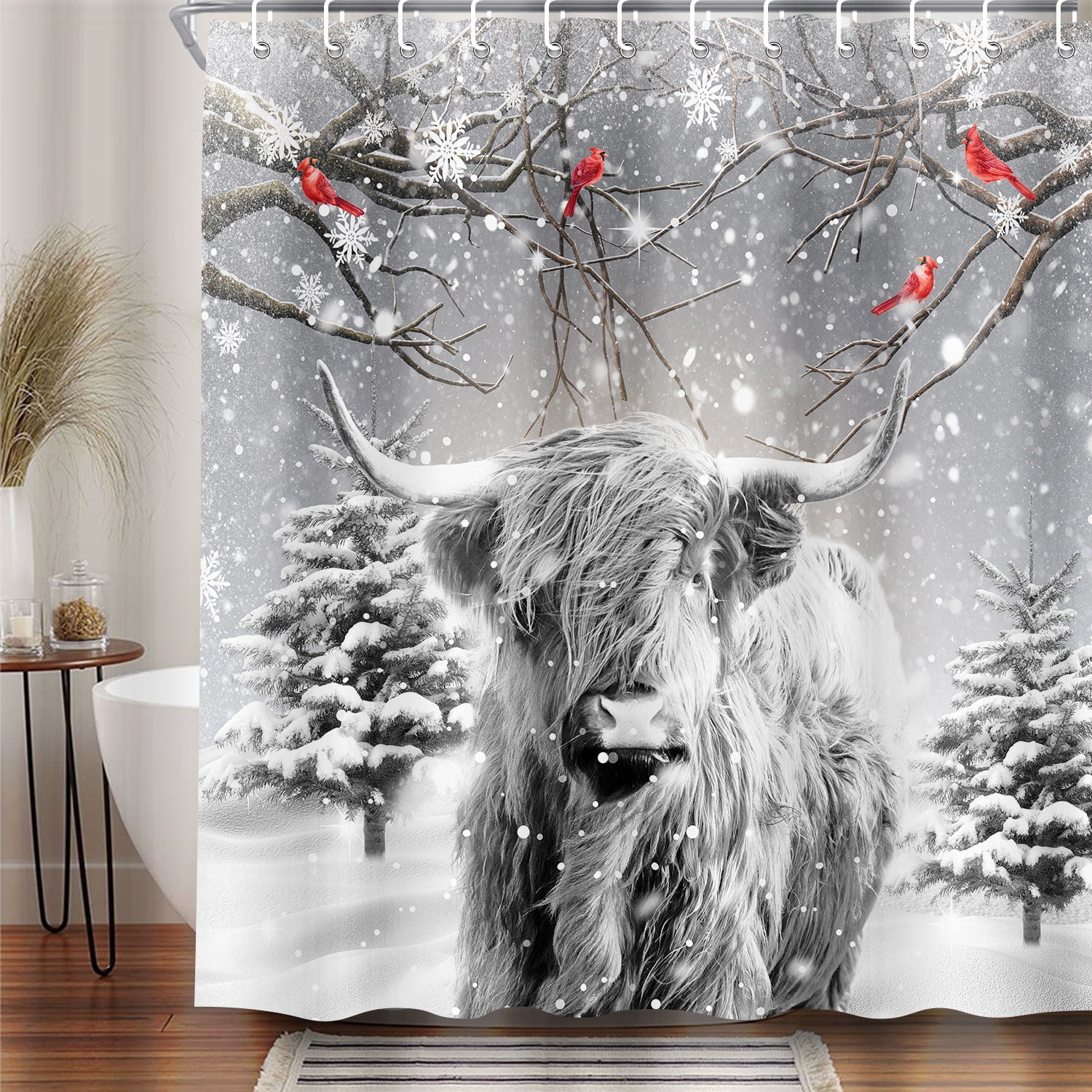Winter Christmas Shower Curtain, Funny Highland Cow Snowflake Scene Shower Curtains for Bathroom, Cardinals Bird Pine Tree Covered Snow Fabric Bath Curtains Set with Hooks, 69x70 Inches
