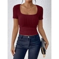 thumbnail image 2 of Biezeib Women's Summer Knit Cropped Tops Solid Color Ribbed U-Neck Short Sleeve Show Navel Knitwear, 2 of 6