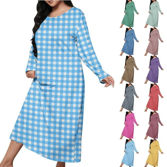 Aboser Long Sleeve Plaid Nightgown for Women Plus Size House Sleep Shirts Trendy Checked Printing Loungewear Soft Comfy Pajama Dress Casual Round Neck Sleepwear