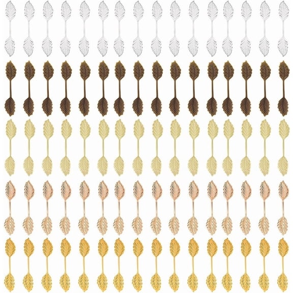 1 Box 100Pcs 5 Colors Glue On Leaf Bails Brass Pendant Bail Gold Silver Bronze Metal Leaves Shaped Pinch Basic Cabochon Charm Tray for Jewelry Making Pendants DIY Craft Findings colorful DIY