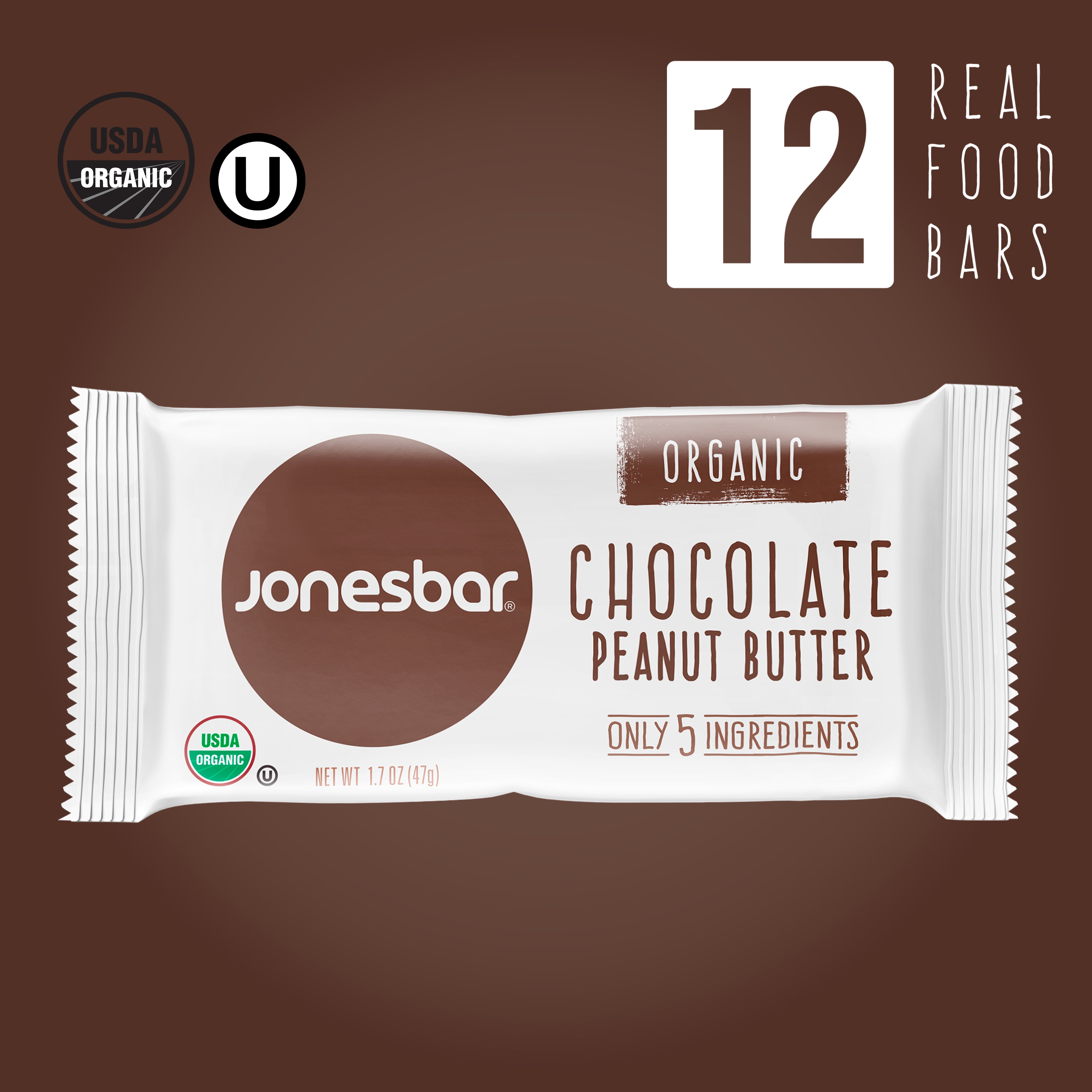 Organic Chocolate Peanut Butter Fruit & Nut Bar, Jonesbar, Certified Organic & Kosher, Gluten Free, Vegan, 12 Count (Pack of 1)