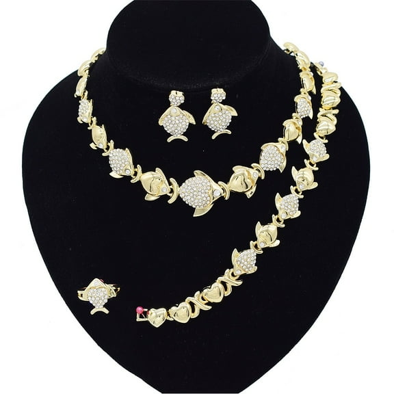 Women's Jewelry Set - Hugs & Kisses XOXO 4 Pieces - Necklace Set For Women - With Fish Mini Charm - Includes Necklace Bracelet Ring Earrings Real Gold Plated Layered