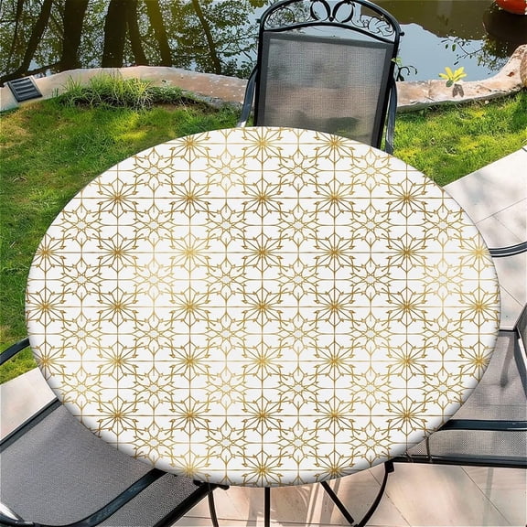 Round Fitted Tablecloth with Elastic Edge Design Table Cover Waterproof Stain-Resistant Wipeable Table Cloth Best for 38"-42" Round Tables for Outdoor Indoor Geometric Flowers