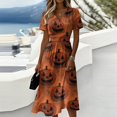 thumbnail image 3 of Women's Halloween Dress V-Neck Short Sleeve Halloween Print Casual Fashion Dress for Halloween Parties, Cosplay Events Orange B XL, 3 of 5