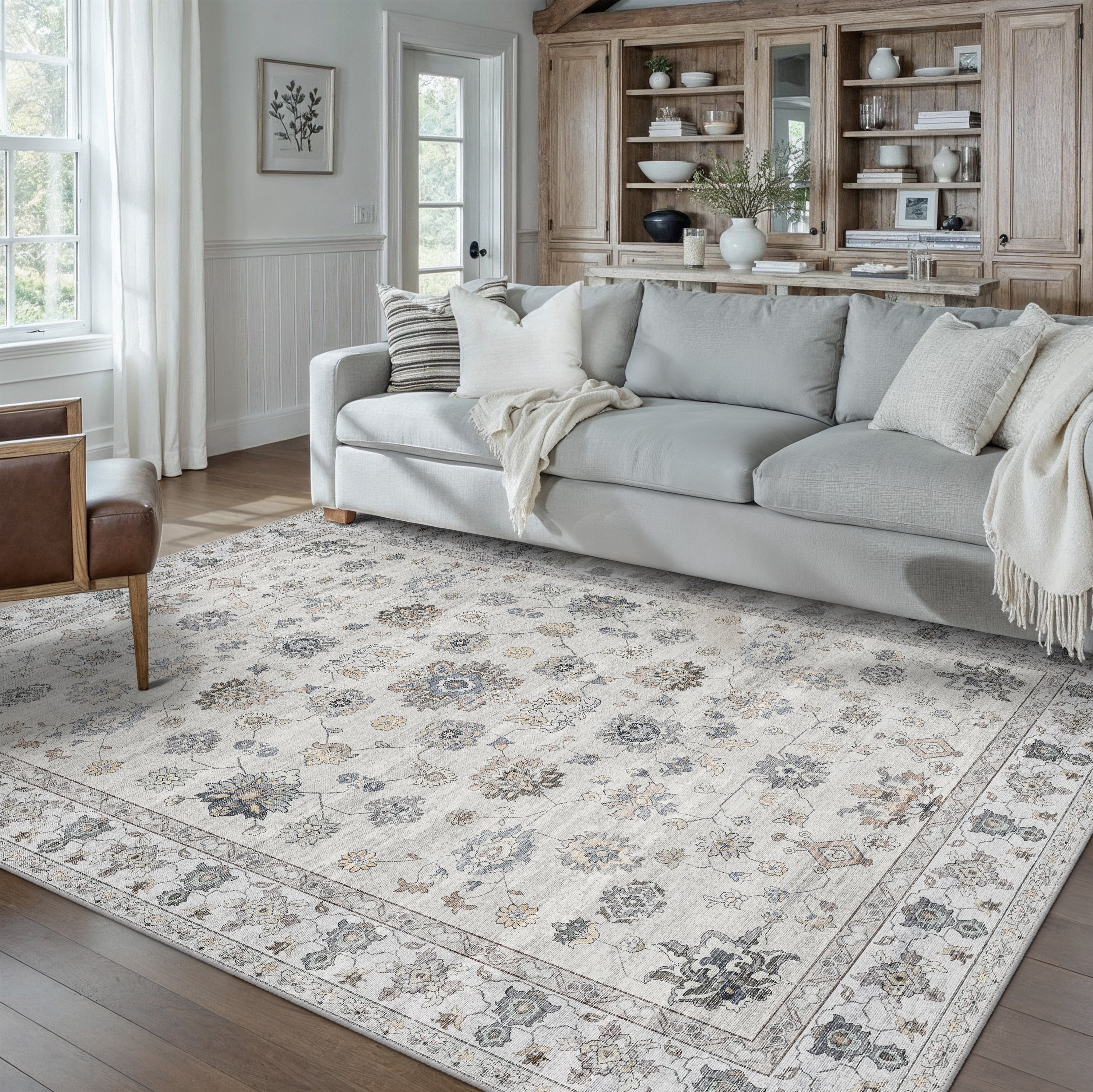 BERTHMEER 8'x10' Area Rugs for Living Room Large Vintage Gray Carpets for Bedroom Office Machine Washable Farmhouse Dining Room Oriental Rugs Non Slip Traditional Distressed Rugs