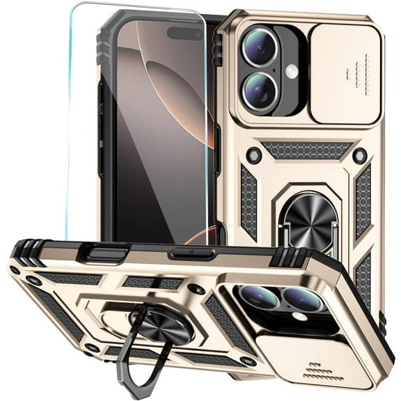 Phone Case for iPhone 16 Case with HD Screen Protector & Slide Camera Cover & Rotated Ring Kickstand, [Military-Grade] Phone Case for iPhone 16 6.1", Gold