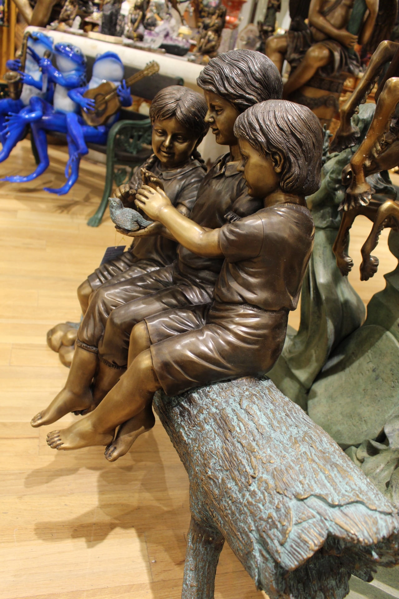 Nifao Three Children On Log Holding Bird Bronze Statue – Outdoor Garden Decor Sculpture, 55"L x 18"W x 38"H