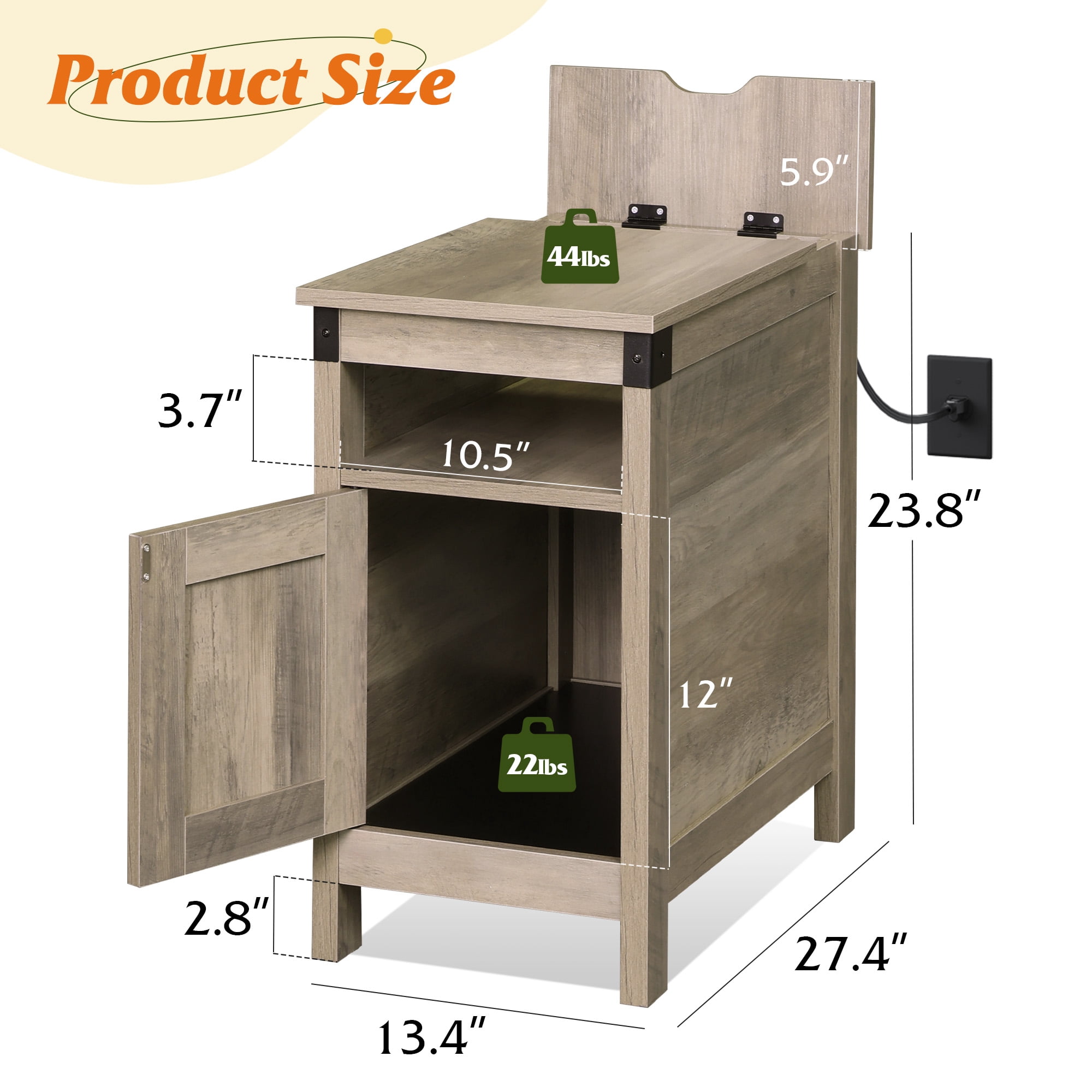 GALAXHERO End Table with Charging Station Narrow Side Table with Storage Night Stand with USB Ports and Outlets Small Wooden Cabinet for Living Room and Bedroom Greige