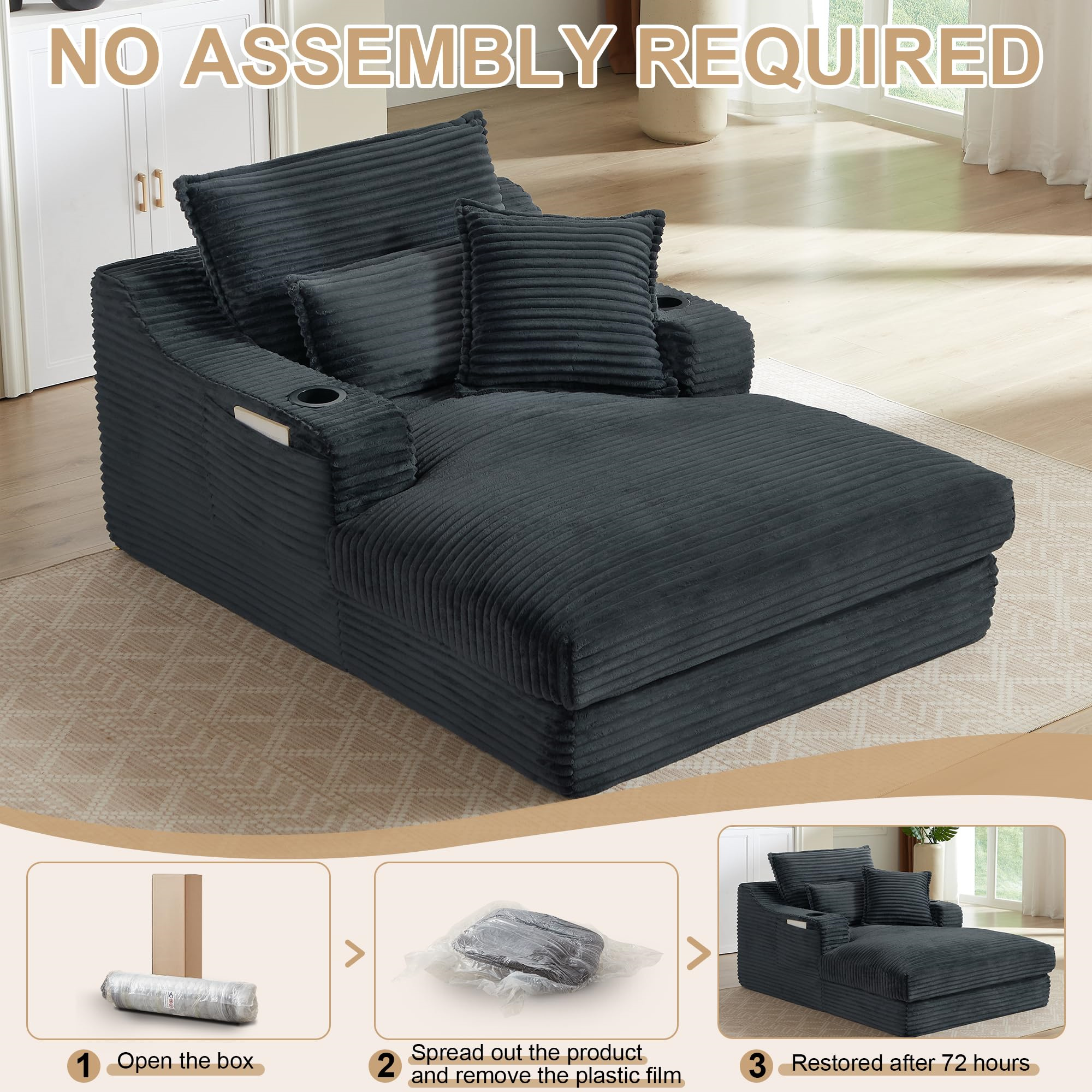 Aukfa 68" Oversized Chaise Lounge Chair with 2 Cup Hoders&Side Pockets, 3Pillows, Corduroy, Gray