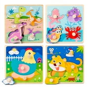 Wooden Peg Puzzles for Toddlers 1-3, Kids' Educational Preschool Peg Puzzle Toy, Set of 4 Toddler Puzzles - Hen, Dinosaur, Tiger and Marine Animals, Ideal Gift for Ages 1 2 3 Boys and Girls