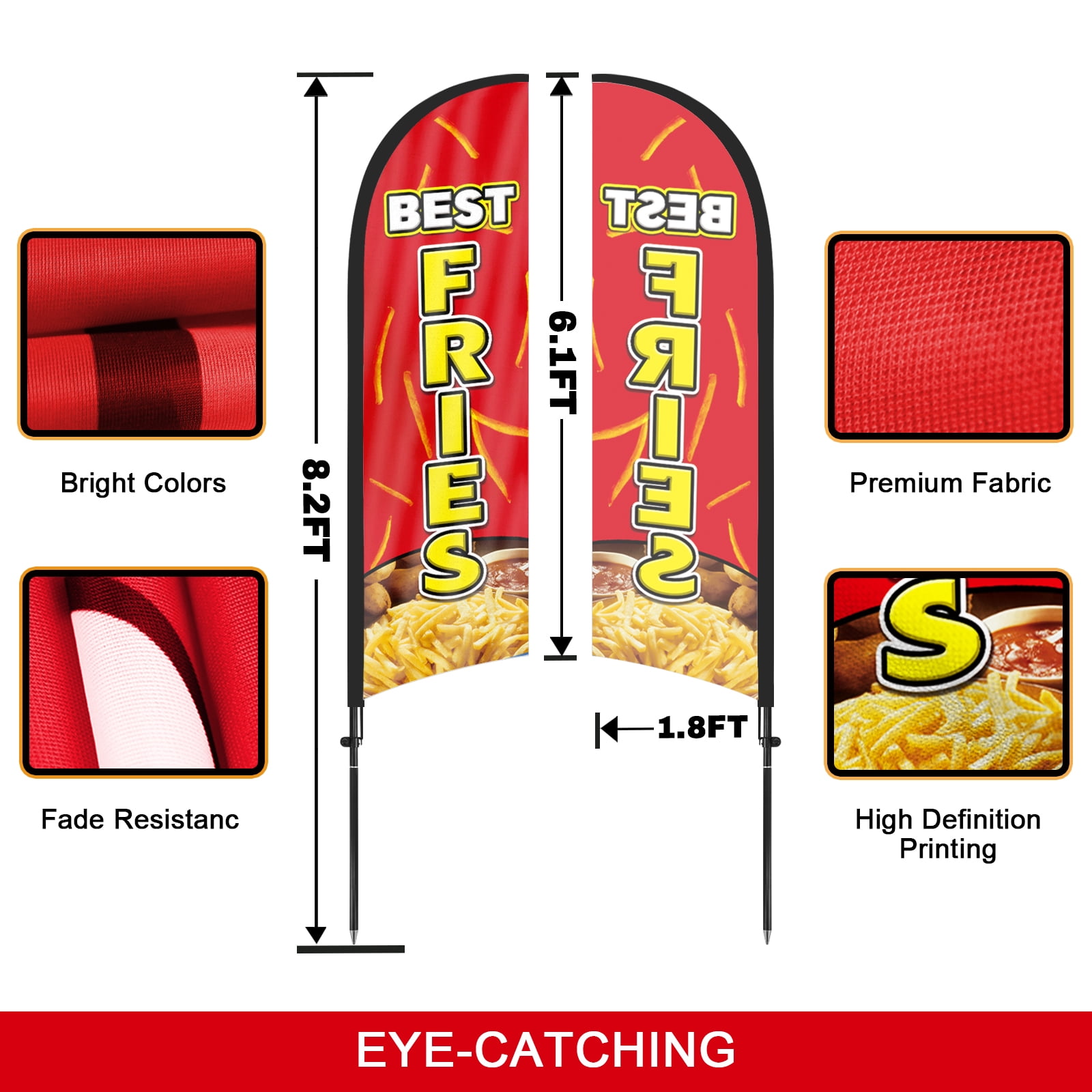 QSUM Fries Feather Flag with Flag Pole Kit and Ground Spike, 8.2FT Fries Windless Flag Banner Sign Business for Outdoor Advertising Sign Decoration Display