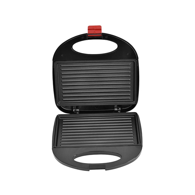 máquina eléctrica para hacer sándwiches, eléctrica para panini, máquina para hornear con superficie antiadherente, máquina para hacer desayuno rayas horizontales perfecl gofrera negra abierta, vista frontal centrada con placas internas estriadas horizontales, asa superior con pestillo rojo, compacto 22.5 x 22.5 x 6.6 cm, 750W, adaptador UE; suele usarse para paninis, sándwiches y waffles pequeños.
