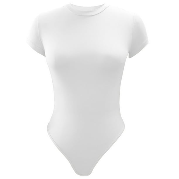 Fashnice Women T Shirt Bodysuit Solid Color Jumpsuit Crew Neck Tops Sexy  Sleep Bodysuits White M 