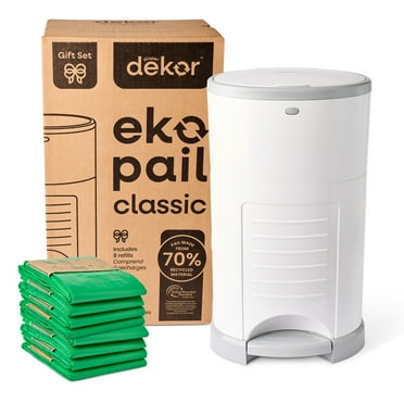 Dekor Eko Classic Diaper Pail Gift Set, White | ONLY Eco-Friendly Diaper Pail Made with 70% Recycled Materials | Great Baby Shower Gift with up to a Year's Supply of Diaper Dekor Eko Refills!