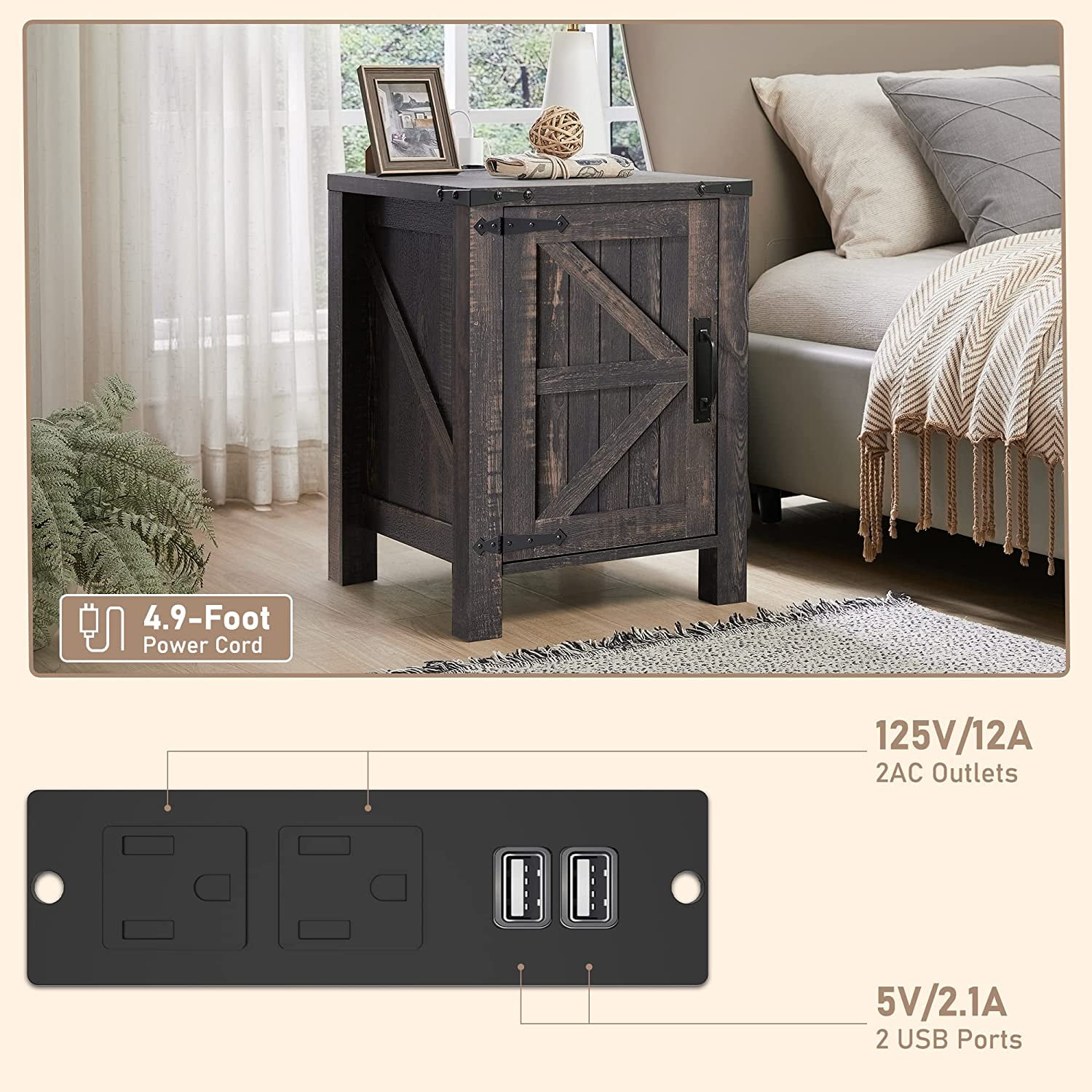 OKD End Table with Charging Station, Farmhouse Rustic Wood Side Table for Living Room, Bedroom, Dark Rustic Oak