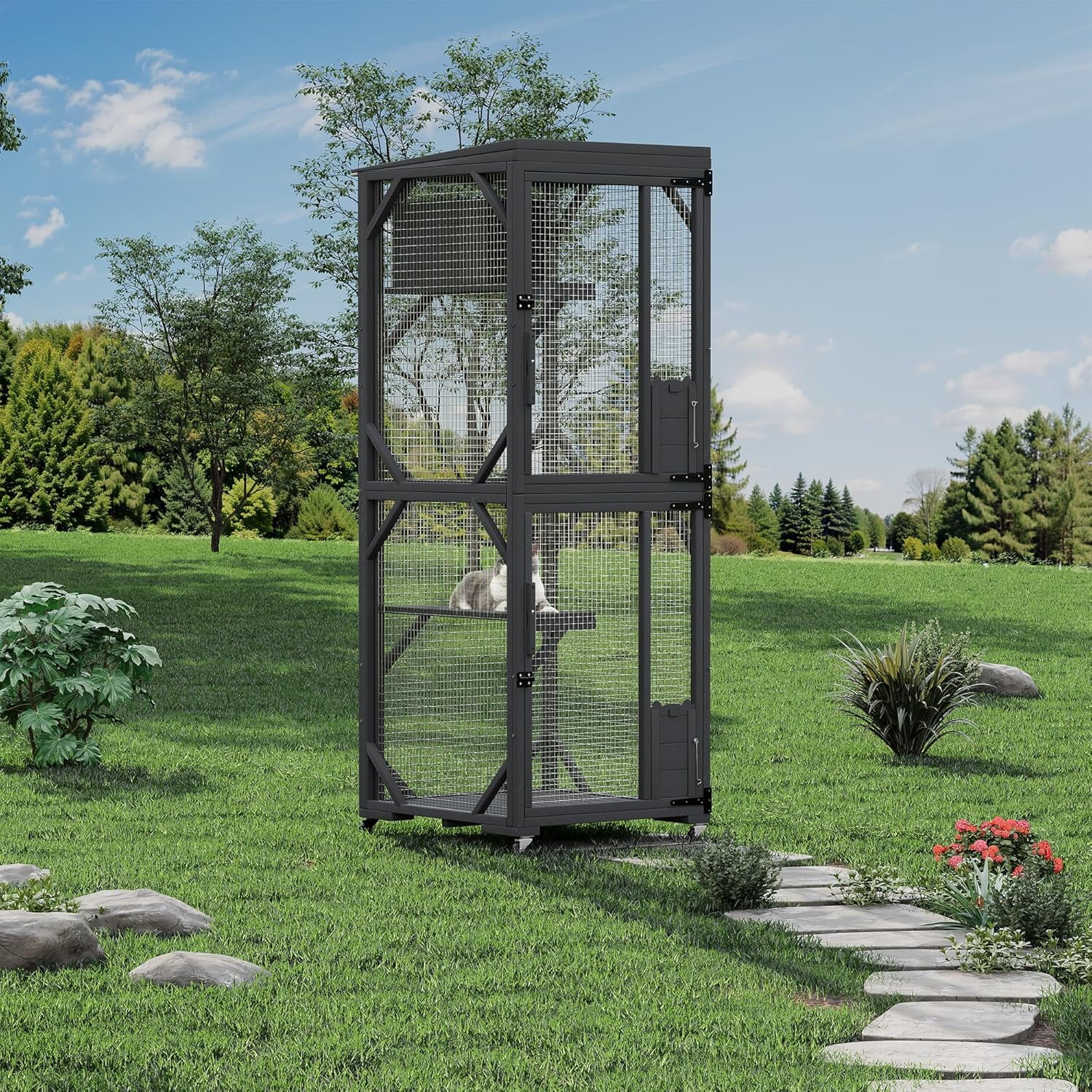Garvee 4 Tiers Catio 32.3 x 31.8 x 74.8", Outdoor Cat Enclosure, with 4 Wheels, Black