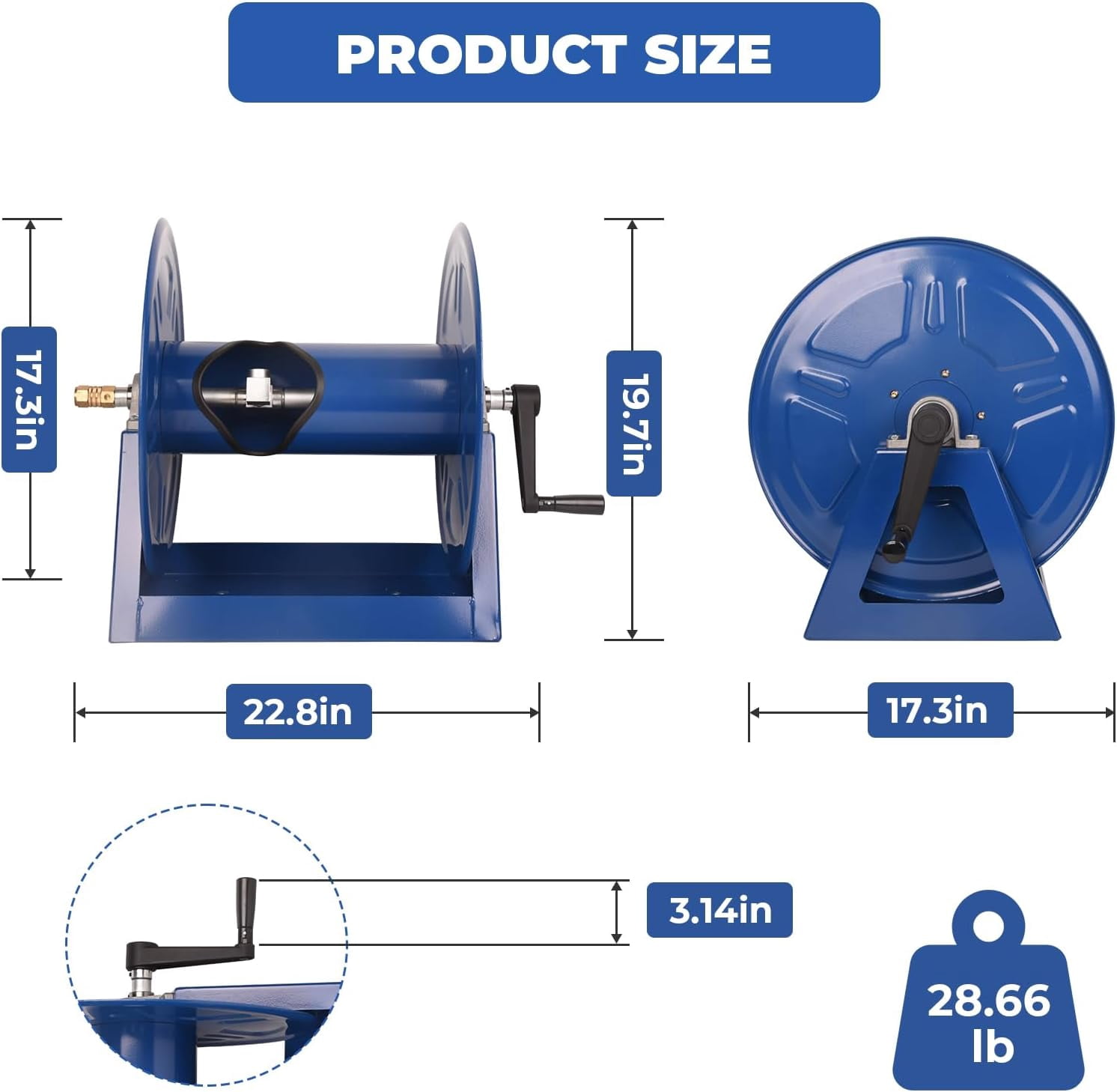 Dawot Air Hose Reel 1/2in. x 225ft. Air Compressor Hose Reel 360° Swivel Fitting Max 4000PSI Commercial Hand Crank Manual Pressure Washer Hose Reel (Hose Not Included)