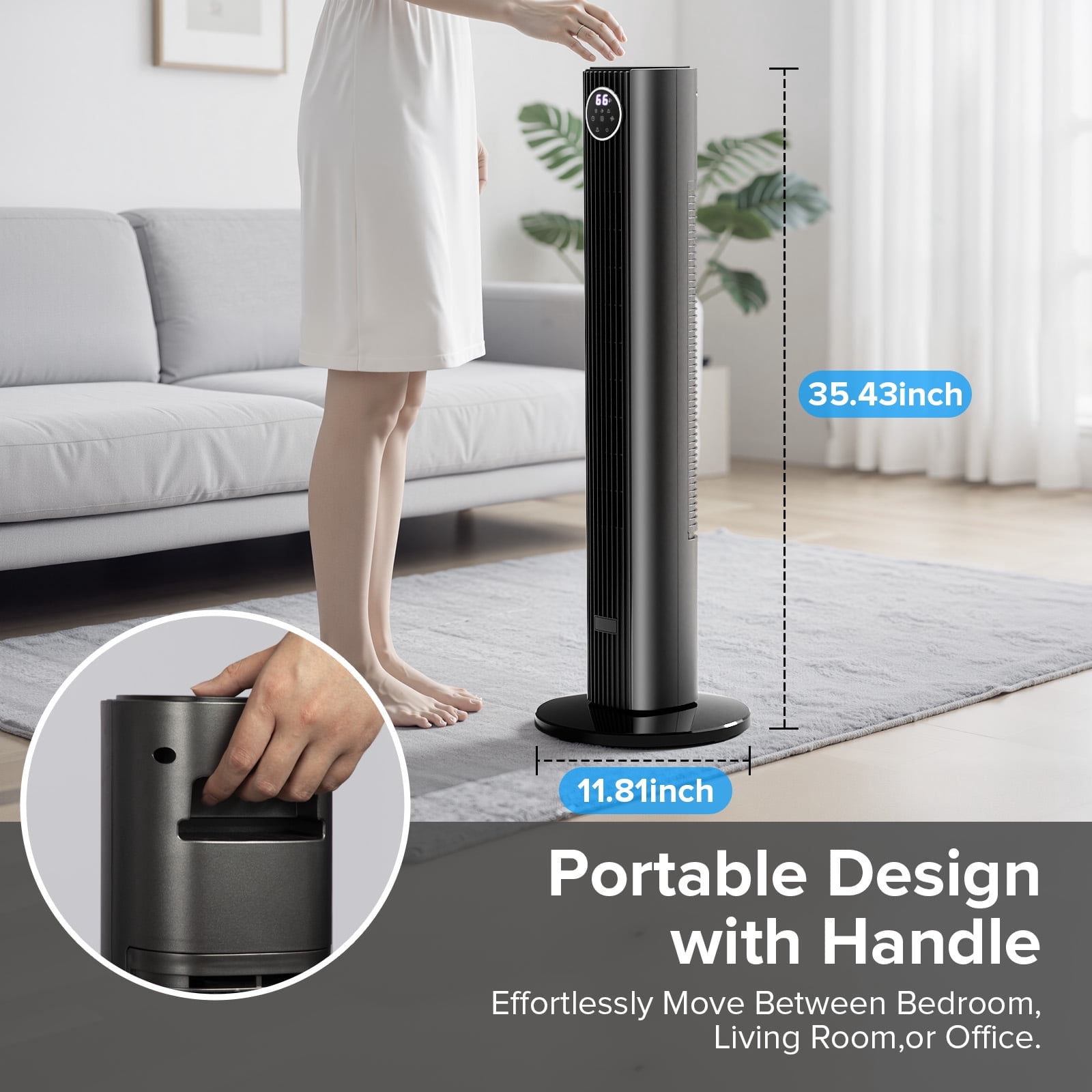 Electactic 35" Oscillating Tower Fan, Bladeless Floor Fan with Remote, 4 Modes & 3 Speeds, 12H Timer, Quiet & Family-Safe, LED Display, 85° Wide Cooling for Bedroom & Home (Gray)