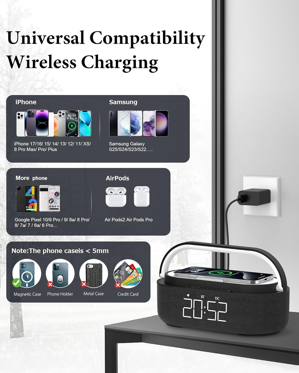 FreeFish Bluetooth Speaker Alarm Clock with Wireless Charger, LED Night Light, 2500mAh Battery - For Bedroom, Home + 18W Adapter Black