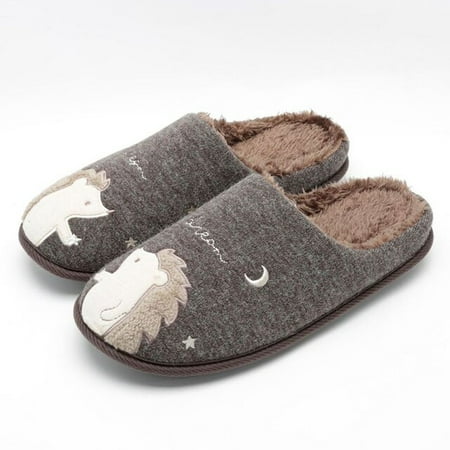 

PIKADINGNIS Winter Cartoon Embroidery Cute Hedgehog Women Fur Slippers Family Cotton Shoes Bedroom Mute Soft Soles Warm Men Fluffy Slides