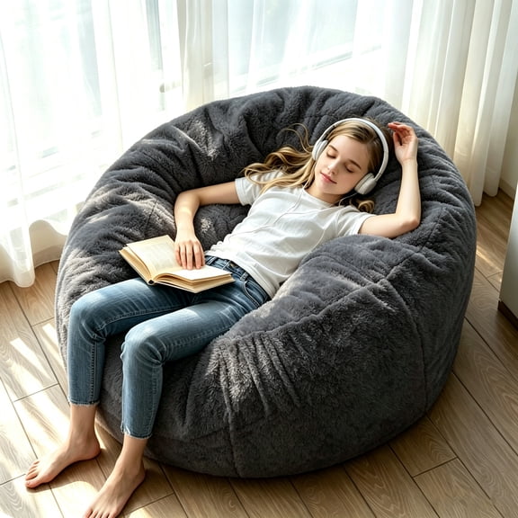 4FT Dark Gray Oversized Bean Bag Chair, Washable Cover Memory Foam Lazy Sofa for Living Room Bedroom Adults