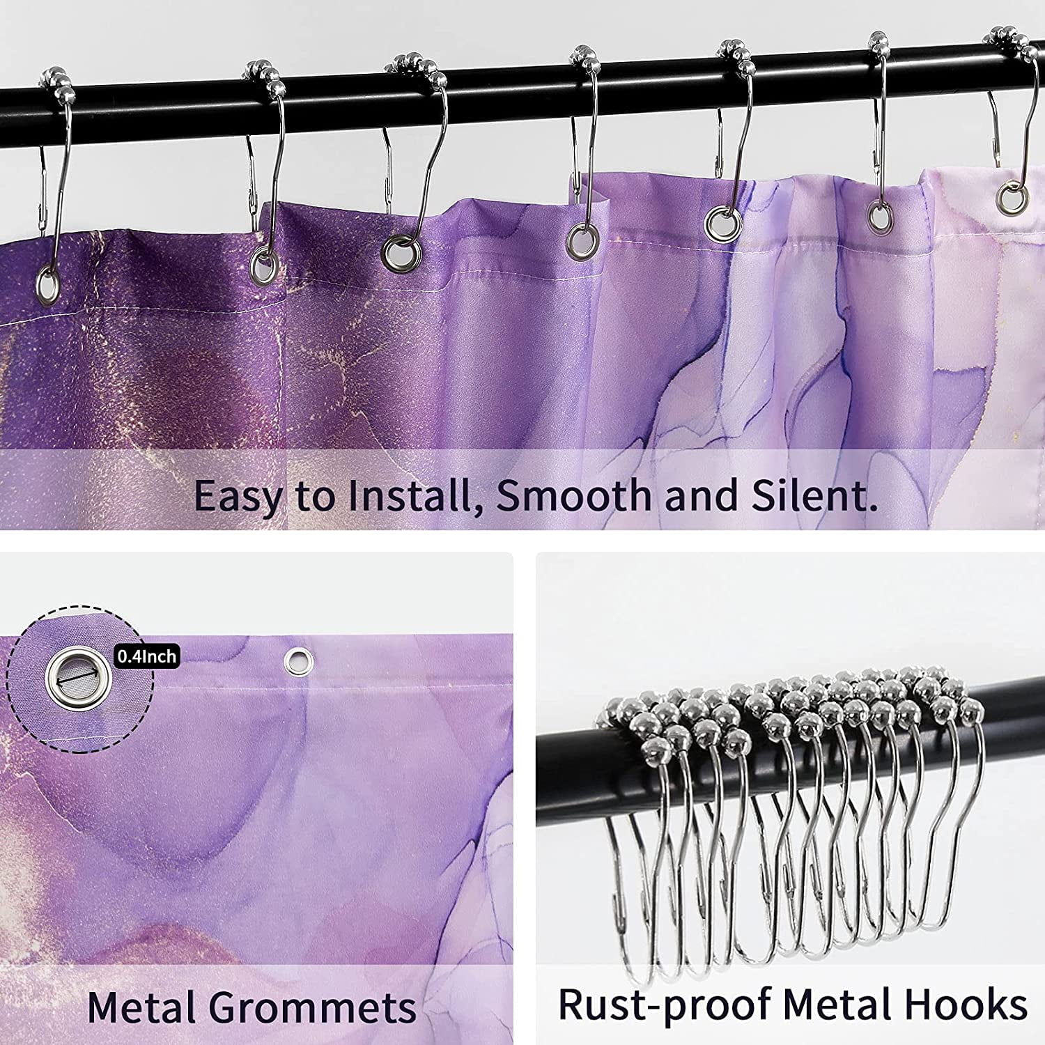 Extra Long Shower Curtain 72 x 84, Purple Marble Shower Curtain Set with Hooks, Abstract Ink Art Lavender Gold Watercolor Elegant Waterproof Fabric Shower Curtains for Modern Bathroom Decor