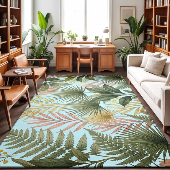 8'x10' Area Rugs, Summer Tropical Indoor Outdoor Area Rug for Living Room Bedroom, Watercolor Botanical Palm Leaves Blue Washable Bathroom Rugs Kitchen Floor Carpet Mats Home Decor Aesthetic