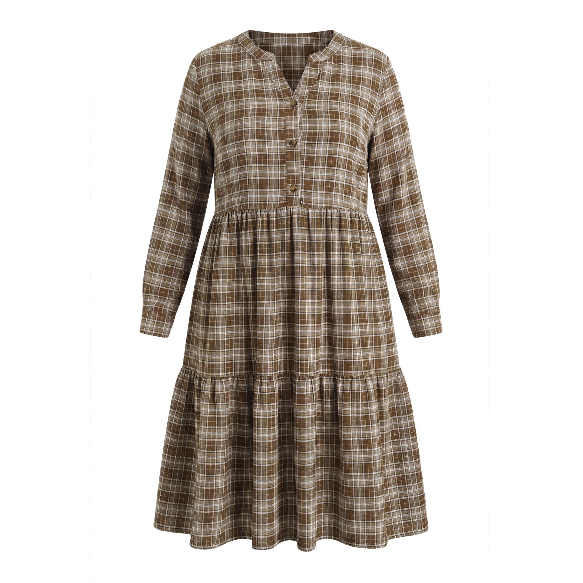 DARING DIVA Women's Plus Plaid A-Line Button Front Notch Dress 3X Brown