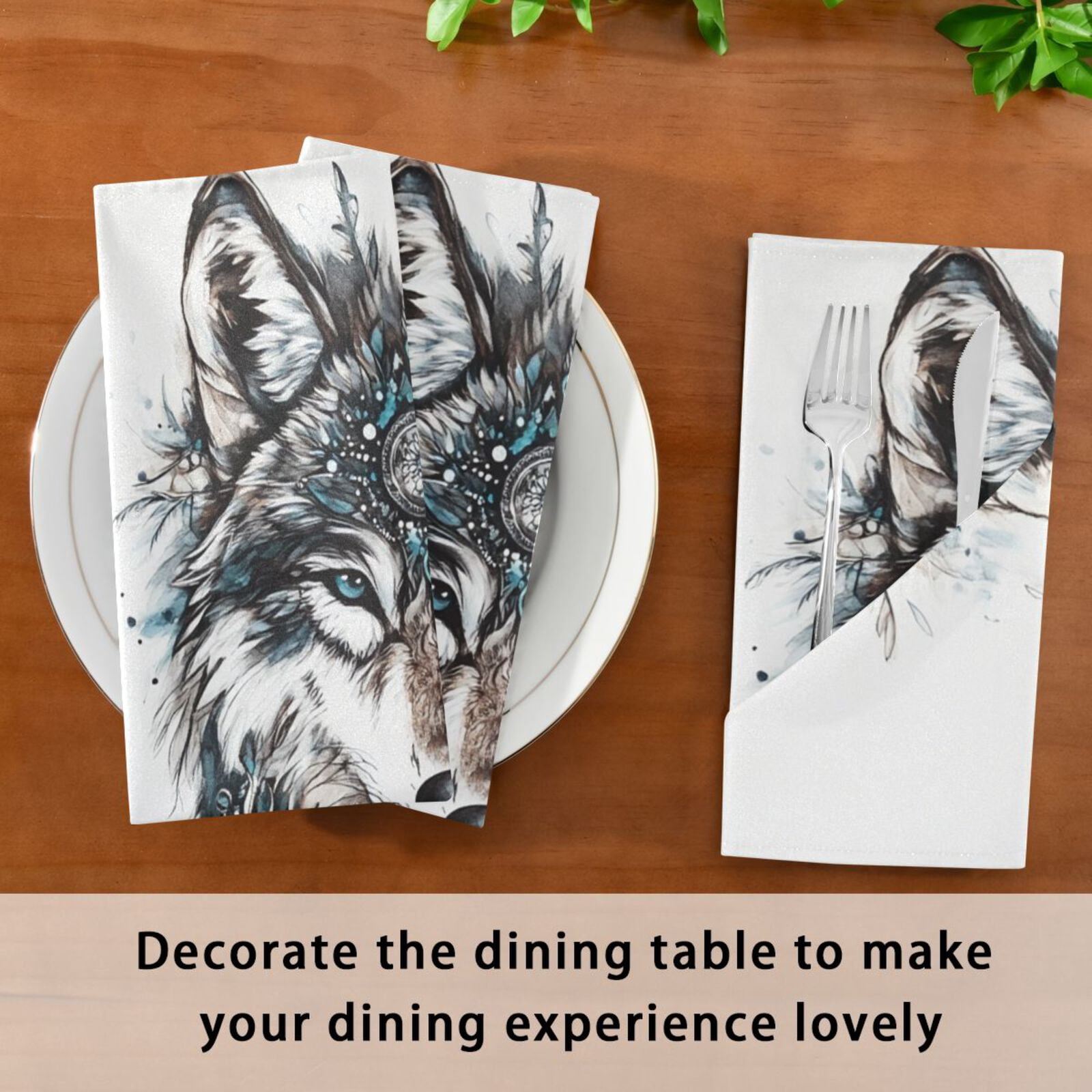 JSTEL Boho Wolf Head Hand Draw Cloth Napkins Set of 6, 20x20 Inch Washable and Reusable Napkin for Decoupage Dinner Party Everyday Use