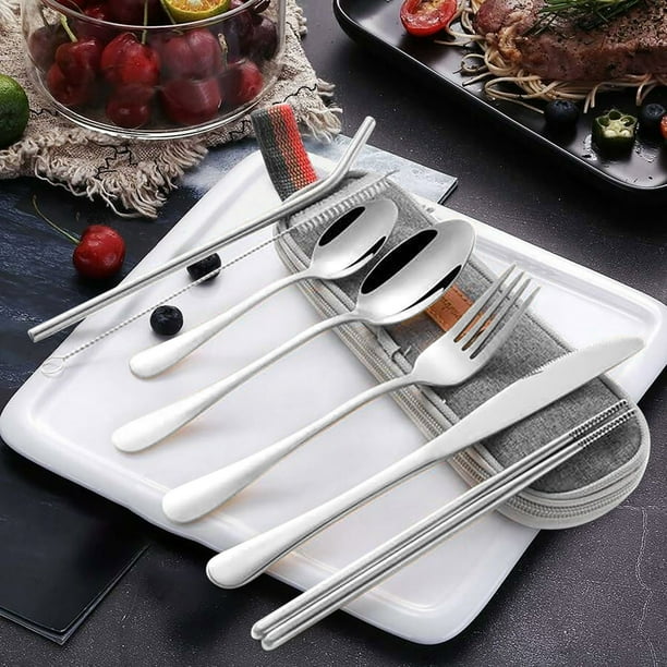 Couverts Camping Pliants 6-en-1 - Acier Inoxydable, Amovibles, 2 Sets, Couteau Fourchette Cuillère