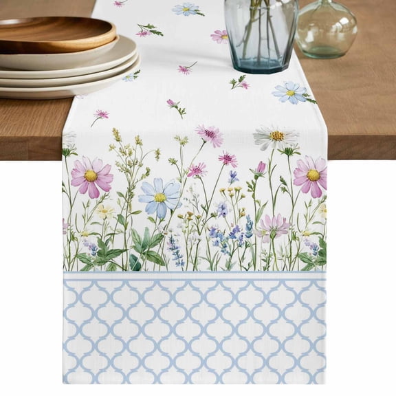 Spring Daisy Table Runner 108 Inches, Blue Moroccan White Wildflowers Country Plants Bed Runner Dresser Scarves Tabletop for Indoor Outdoor Parties/Ceremony/Banquet, 13"x 108"