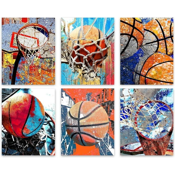 QTH Graffiti Basketball Wall Art - 8x10 Painting Canvas Art Prints, Set of 6