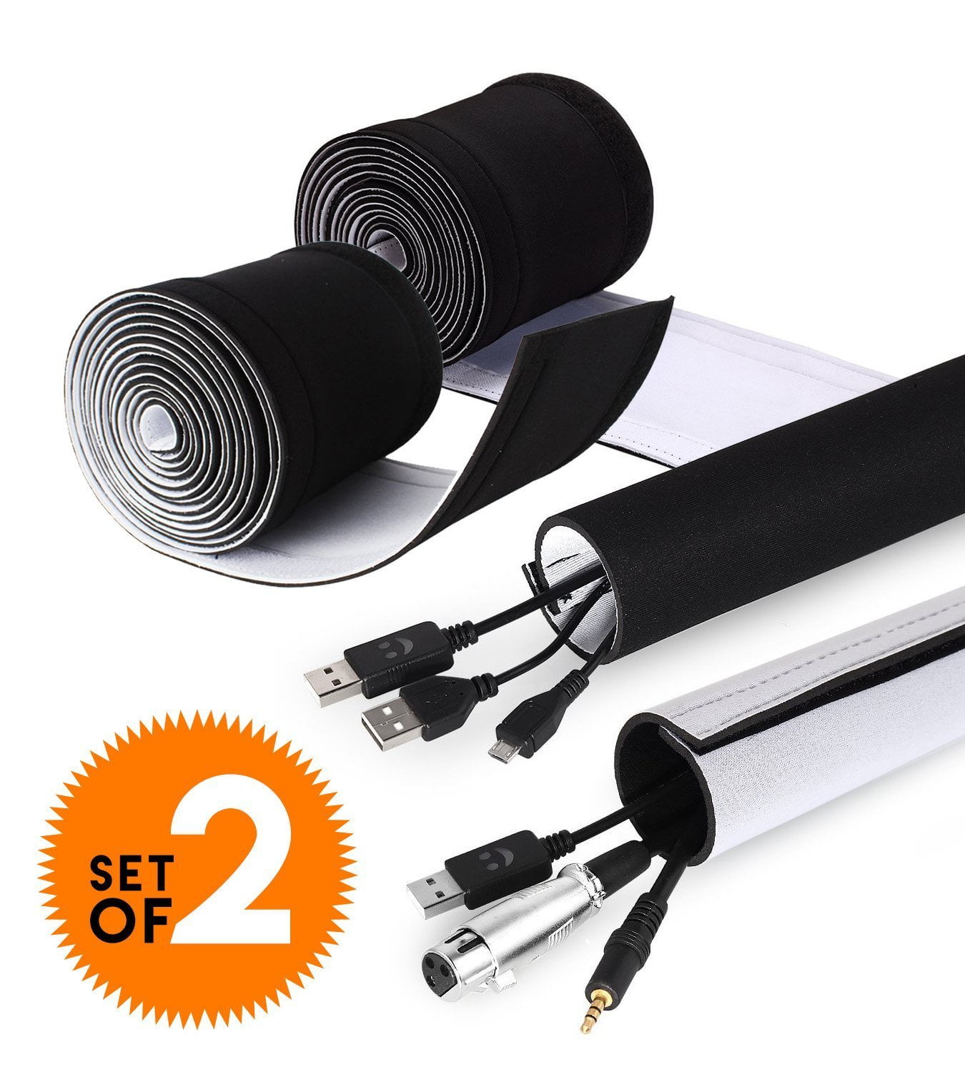 120 Inch Black and White Reversible Cable Management Neoprene Cord Cover Sleeve