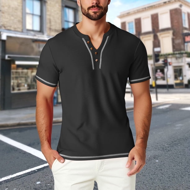 pstuiky Mangas cortas para hombre, Camisa informal de verano para hombre, de manga corta, color liso, con cuello en V y bolsillo camisas casuales para hombre xxl