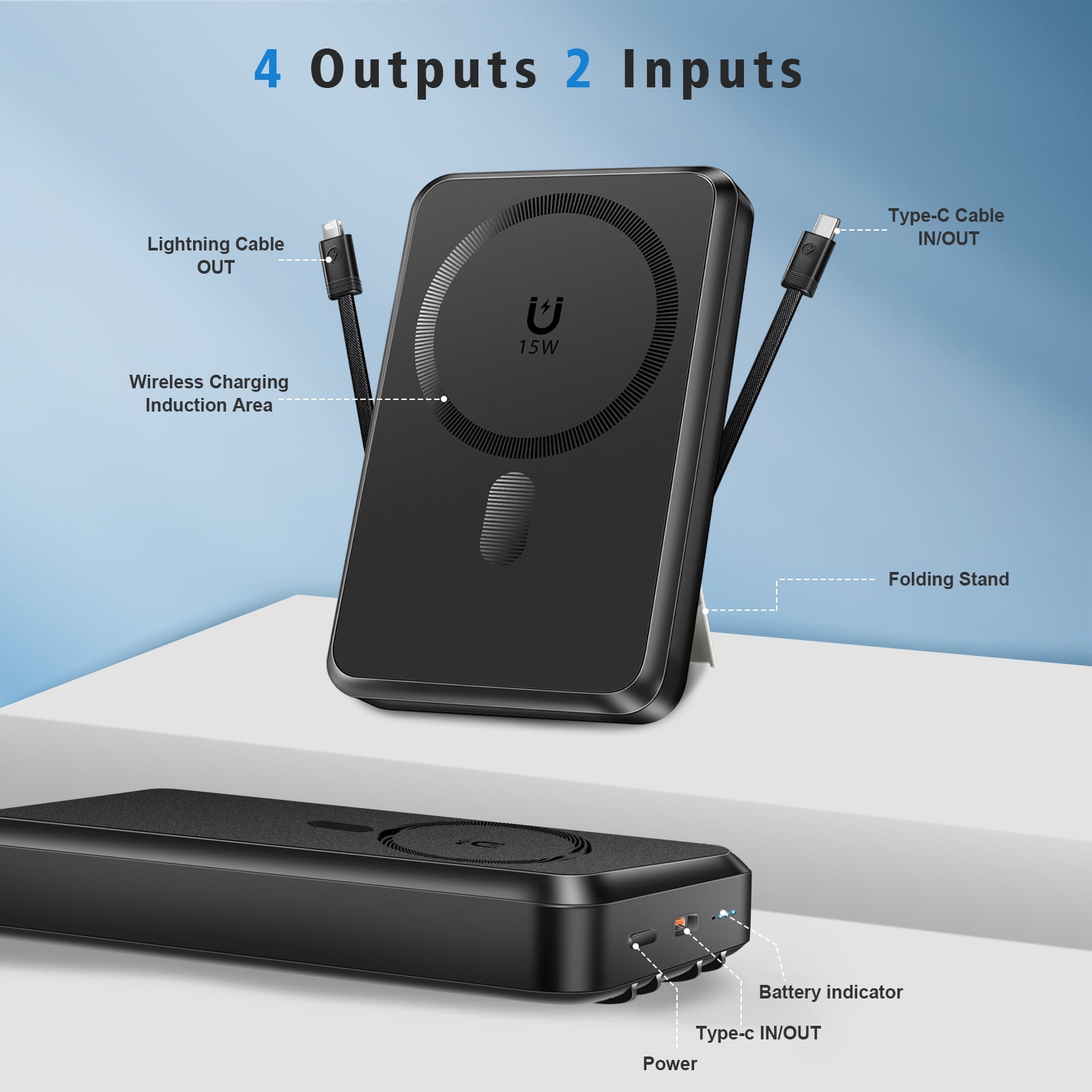 Yelomin Magnetic Wireless Portable Charger, 10000mAh Power Bank with Built in 2 Cables, Foldable Stand,22.5W Fast Charging Phone Charger Compatible with iPhone 17/16 Series, Samsung, Android, Black